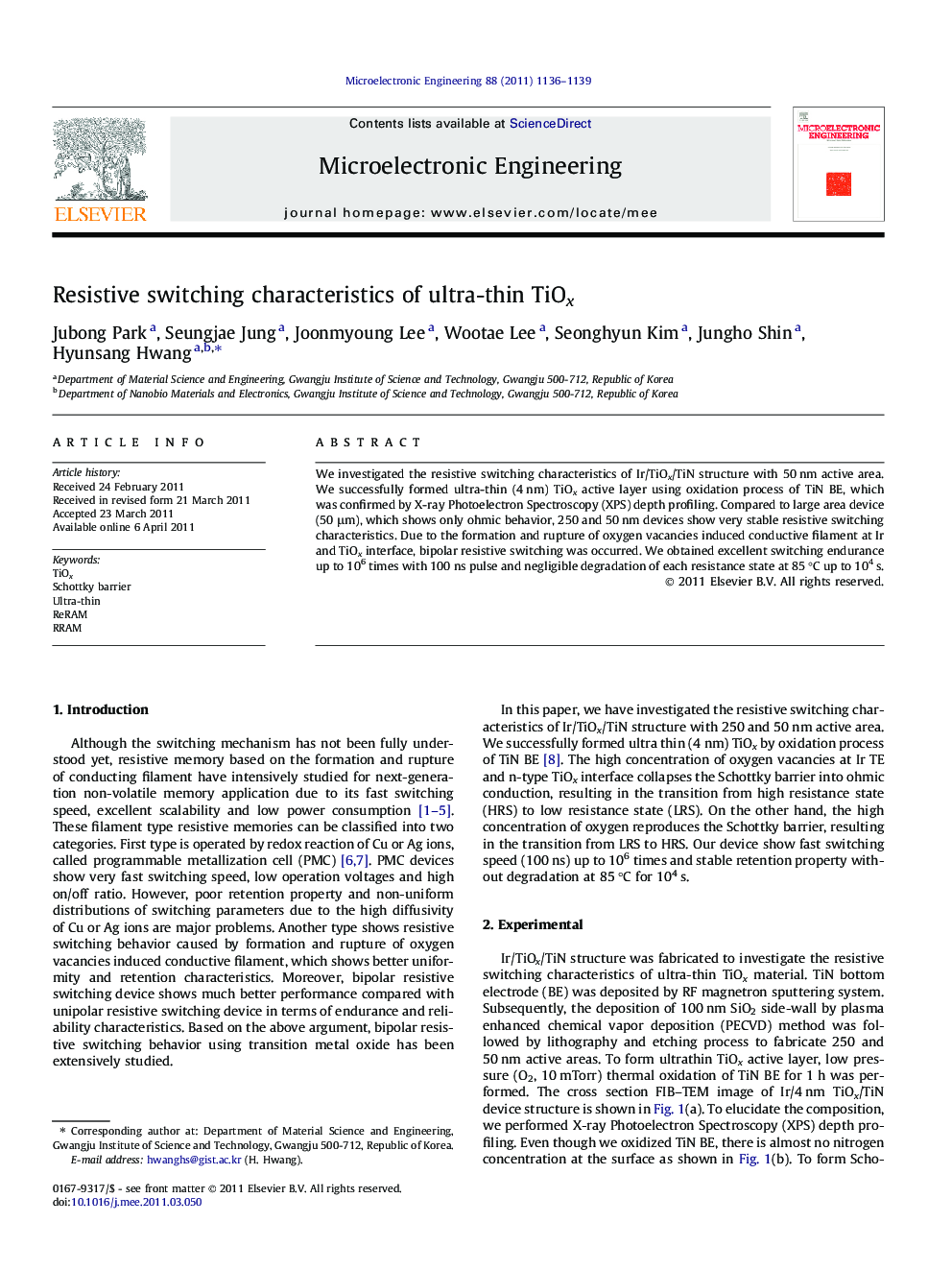 Resistive switching characteristics of ultra-thin TiOx