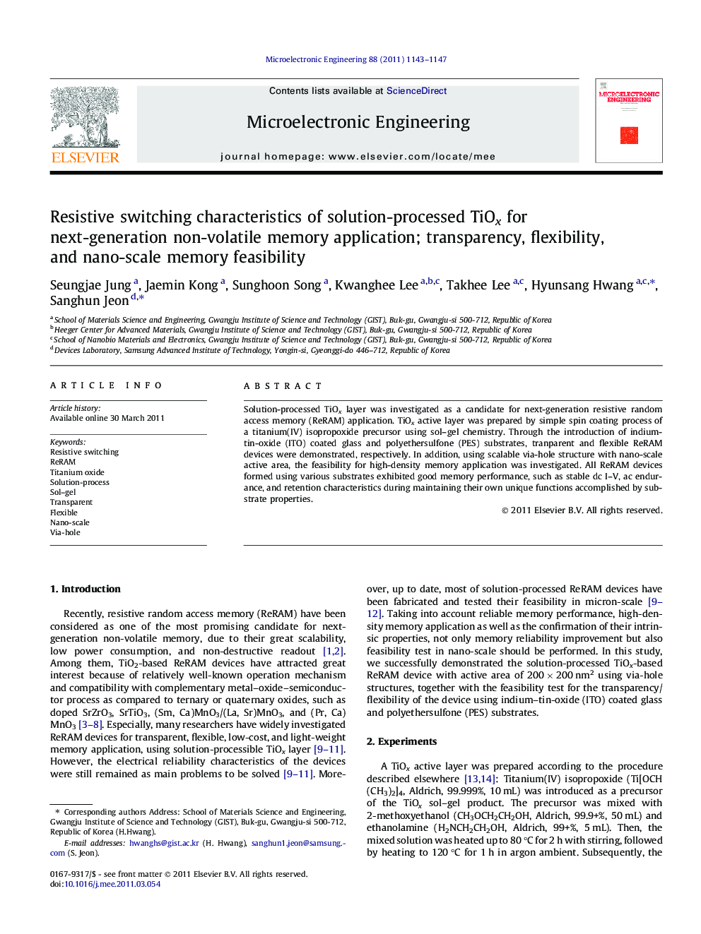 Resistive switching characteristics of solution-processed TiOx for next-generation non-volatile memory application; transparency, flexibility, and nano-scale memory feasibility