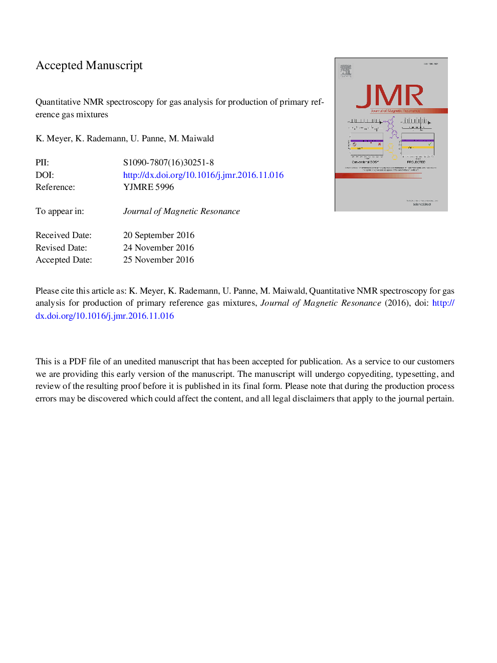 Quantitative NMR spectroscopy for gas analysis for production of primary reference gas mixtures