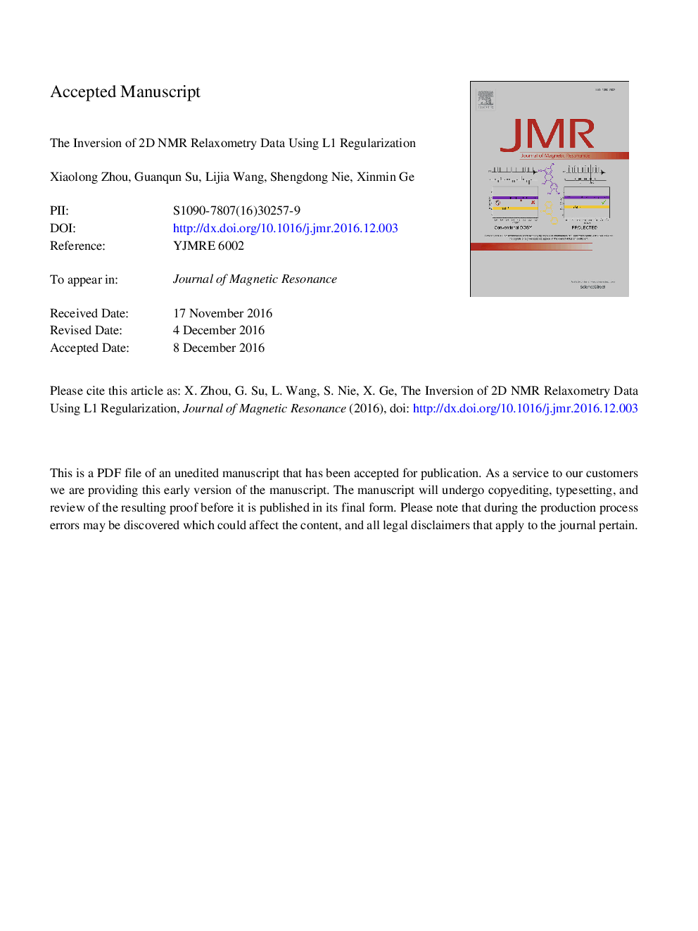 عکس صفحه اول مقاله: The inversion of 2D NMR relaxometry data using L1 regularization The inversion of 2D NMR relaxometry data using L1 regularization