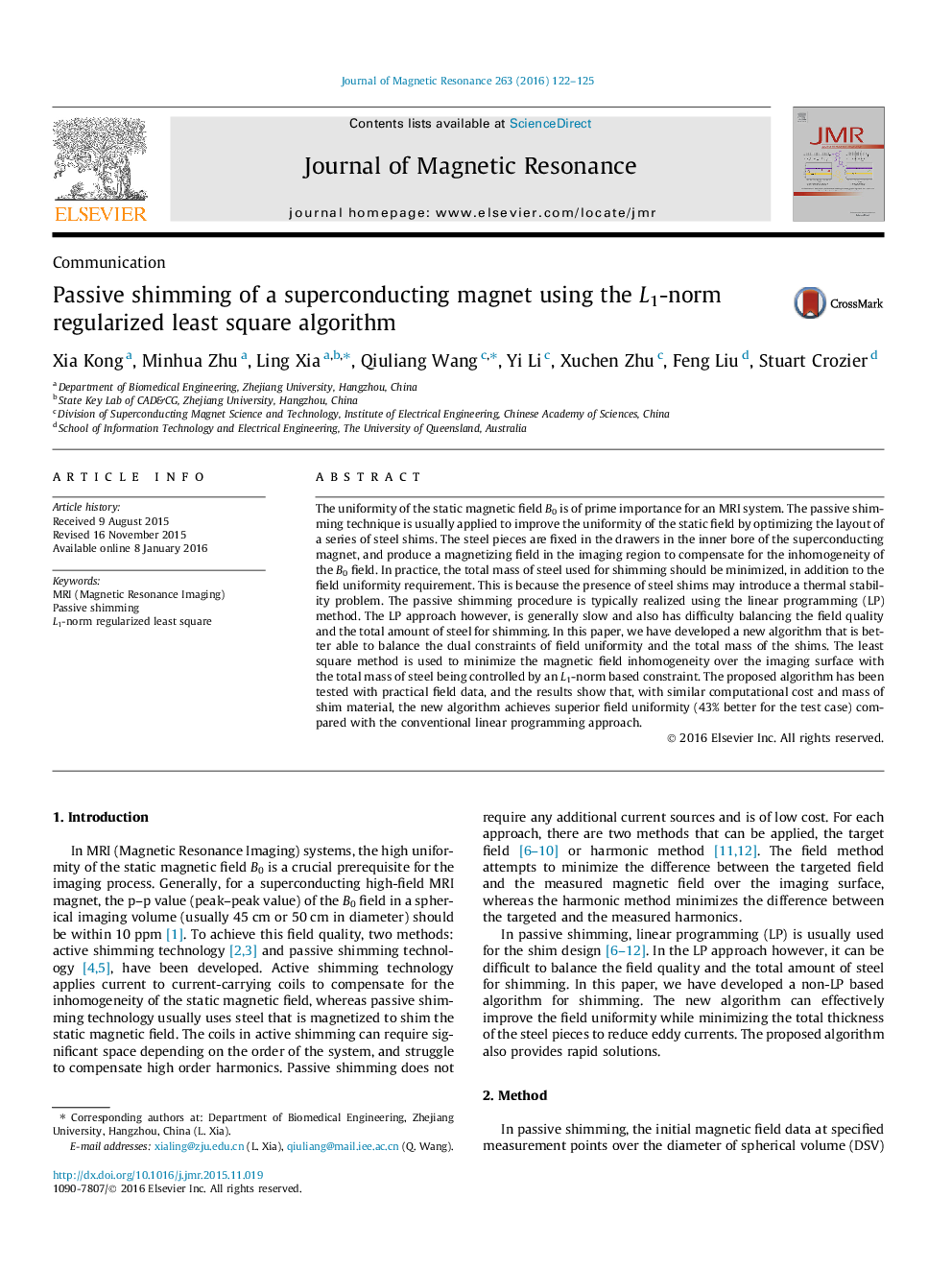 Passive shimming of a superconducting magnet using the L1-norm regularized least square algorithm