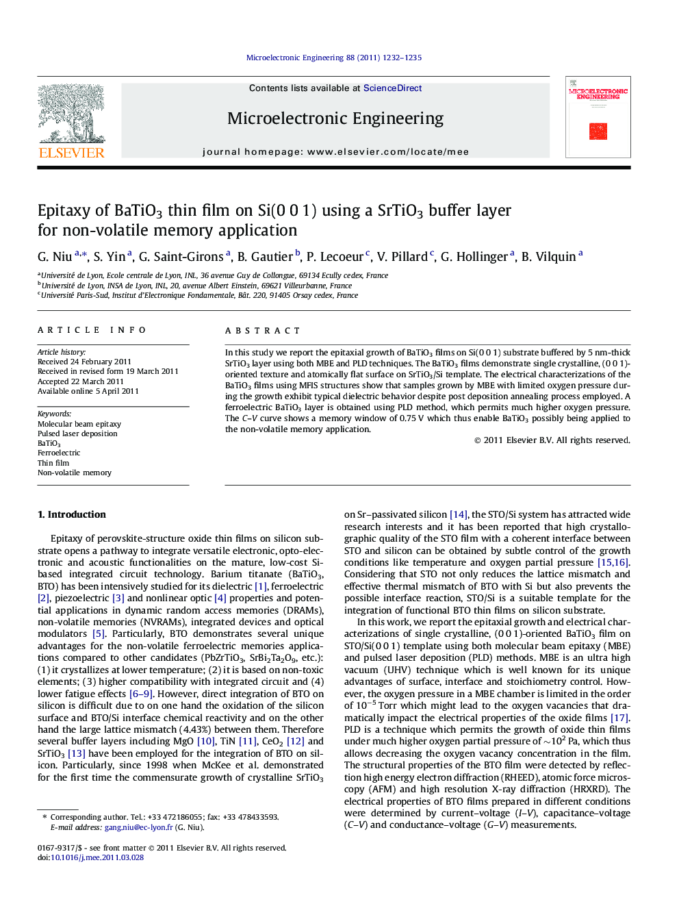 Epitaxy of BaTiO3 thin film on Si(0 0 1) using a SrTiO3 buffer layer for non-volatile memory application