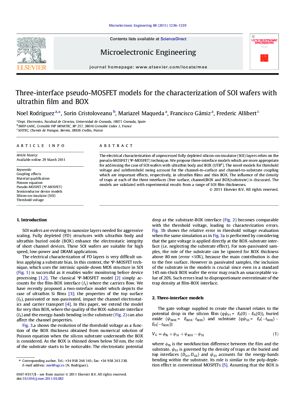 Three-interface pseudo-MOSFET models for the characterization of SOI wafers with ultrathin film and BOX