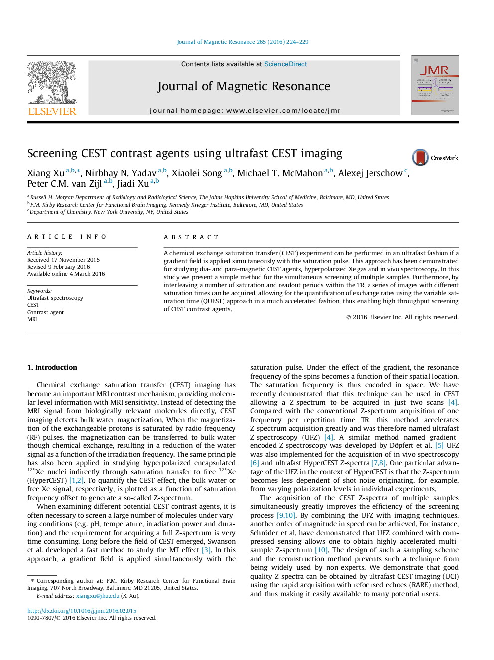 عکس صفحه اول مقاله: Screening CEST contrast agents using ultrafast CEST imaging Screening CEST contrast agents using ultrafast CEST imaging