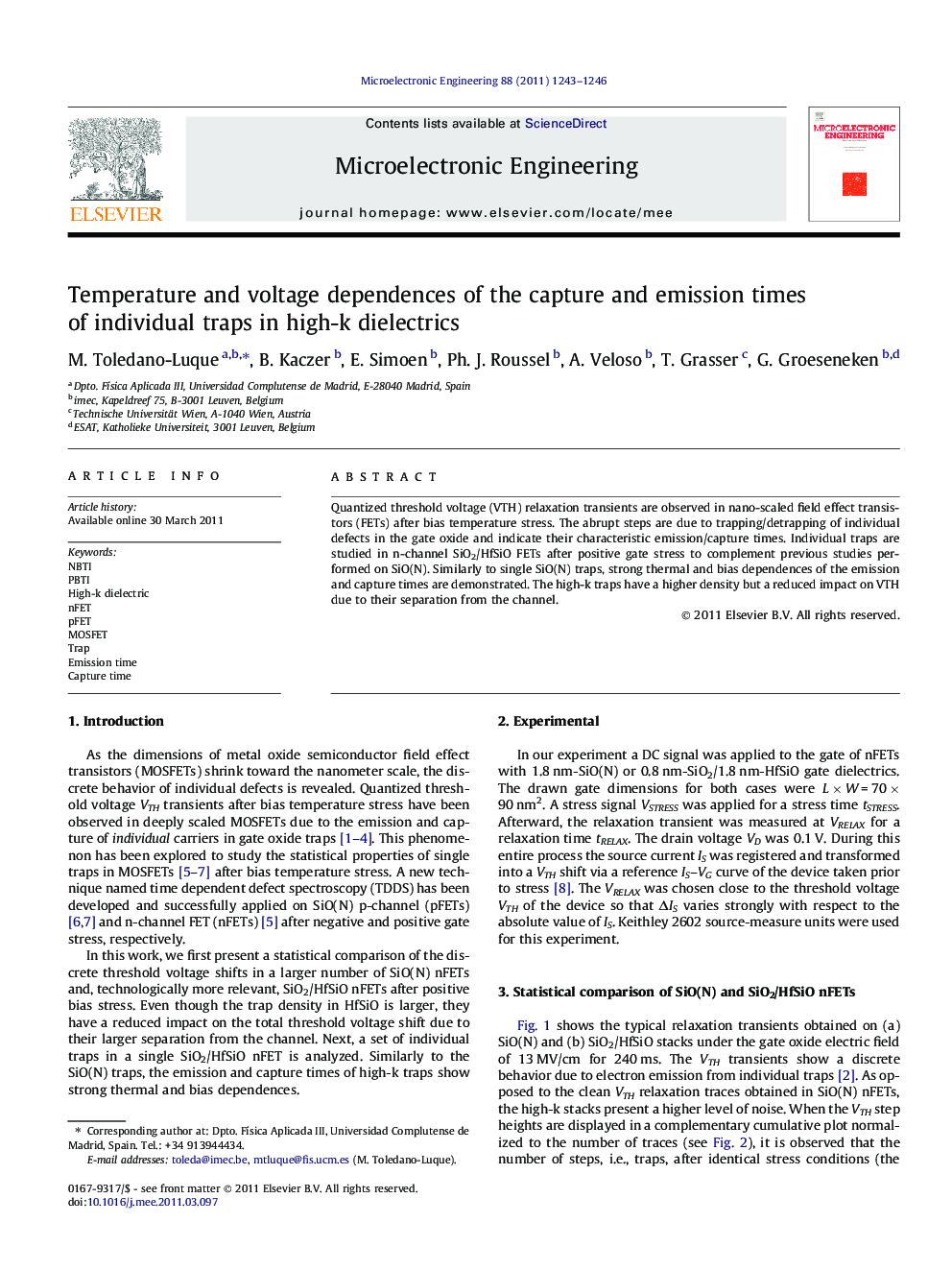 Temperature and voltage dependences of the capture and emission times of individual traps in high-k dielectrics