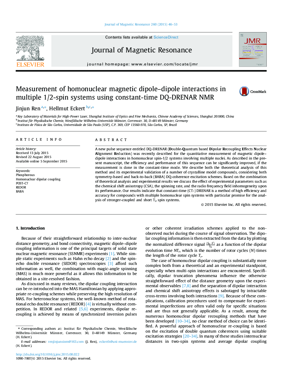 Measurement of homonuclear magnetic dipole-dipole interactions in multiple 1/2-spin systems using constant-time DQ-DRENAR NMR