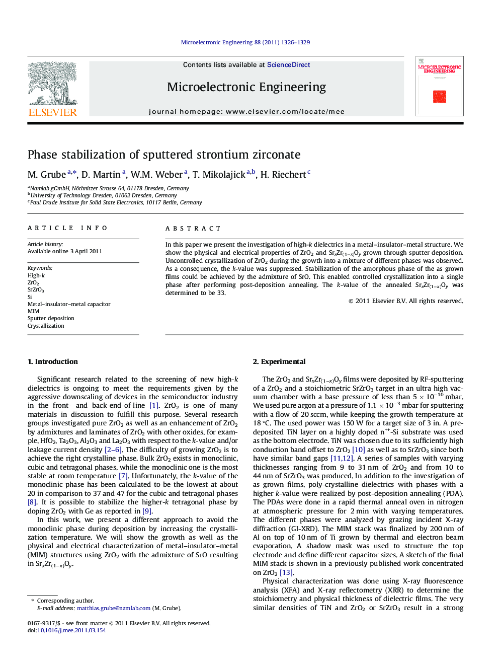 Phase stabilization of sputtered strontium zirconate