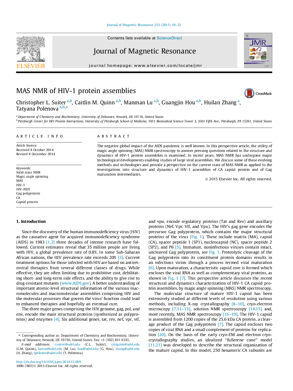 MAS NMR of HIV-1 protein assemblies