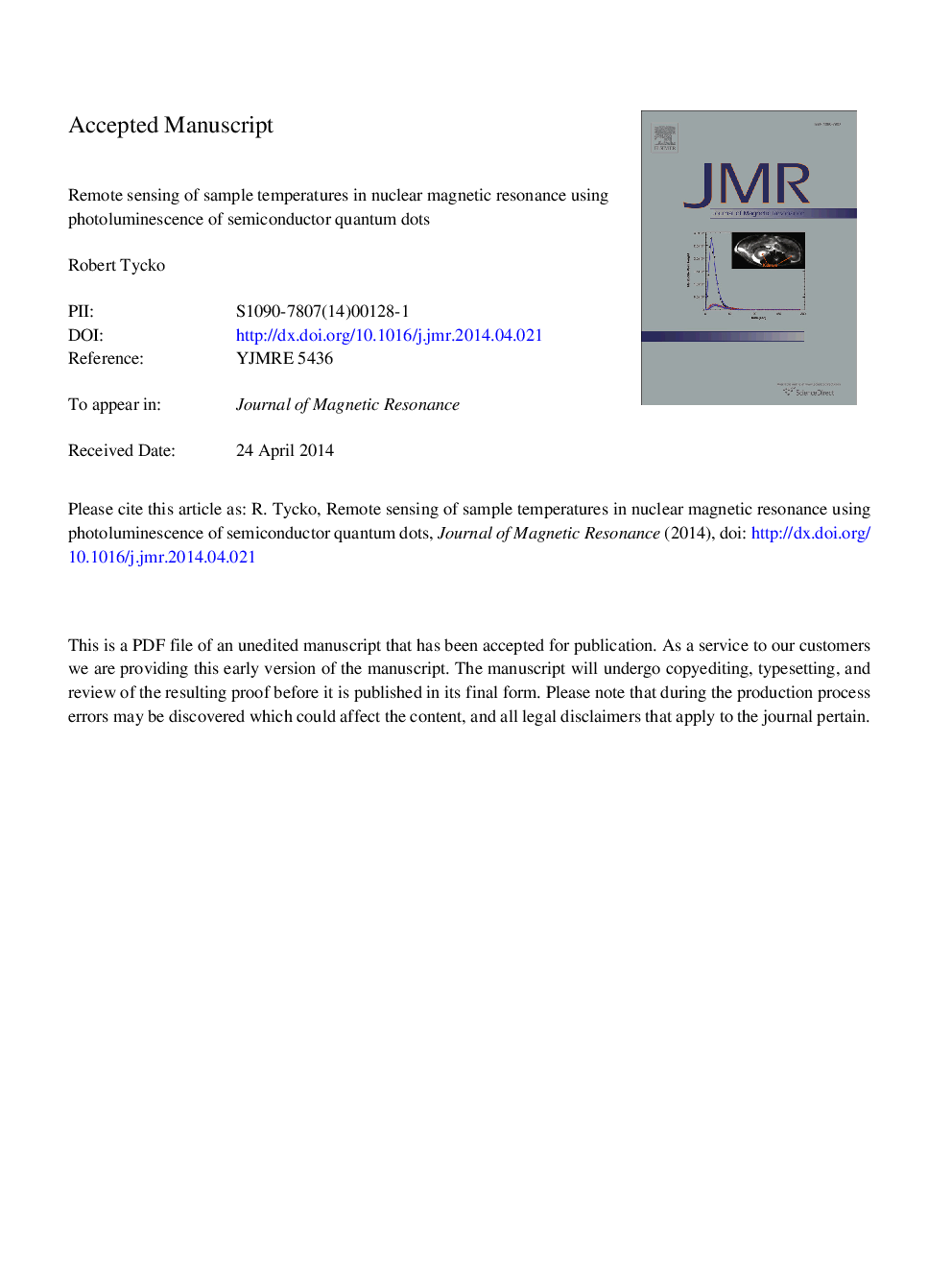 Remote sensing of sample temperatures in nuclear magnetic resonance using photoluminescence of semiconductor quantum dots