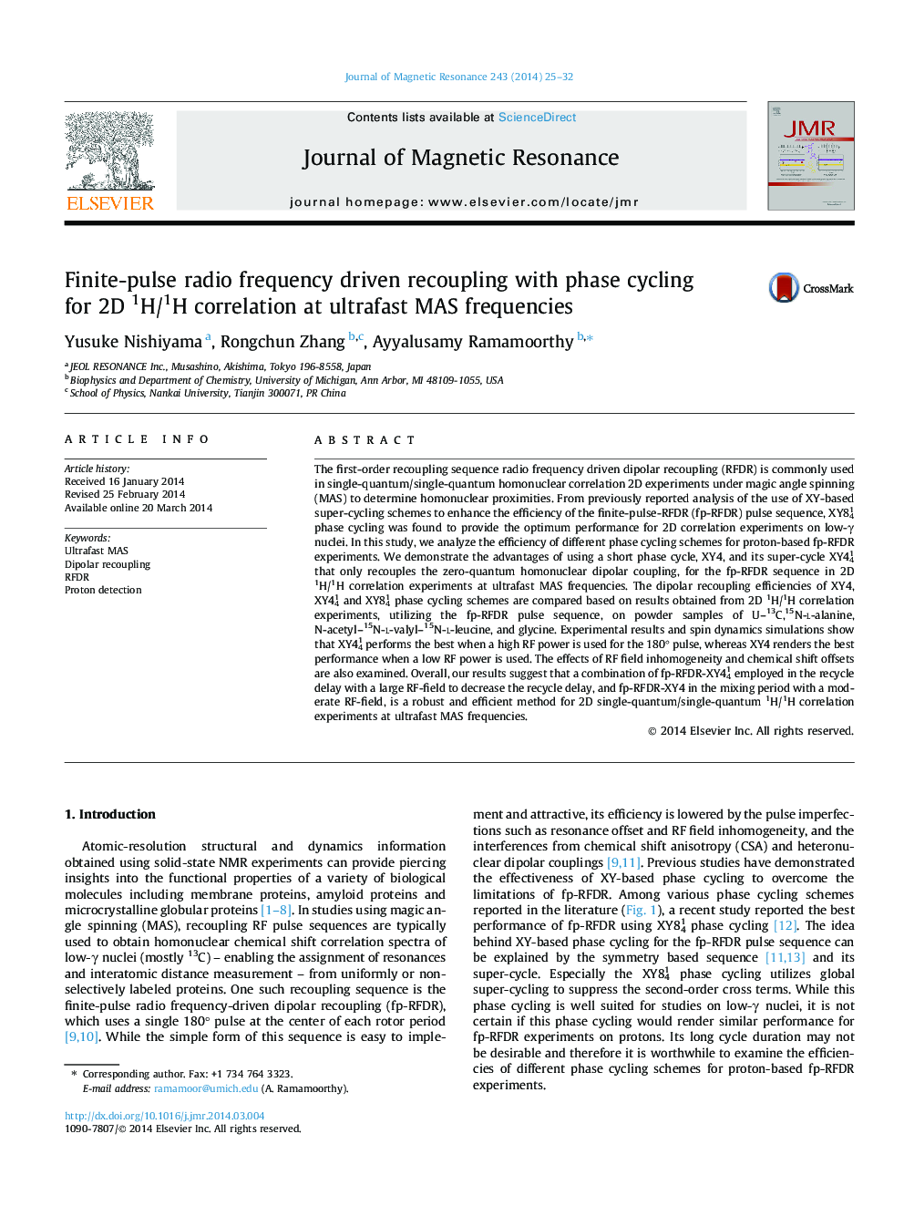 Finite-pulse radio frequency driven recoupling with phase cycling for 2D 1H/1H correlation at ultrafast MAS frequencies