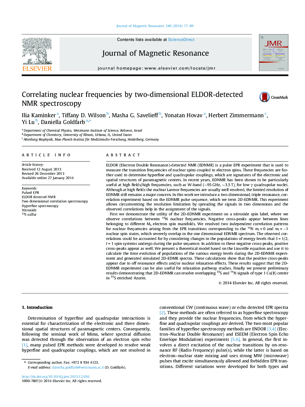 Correlating nuclear frequencies by two-dimensional ELDOR-detected NMR spectroscopy