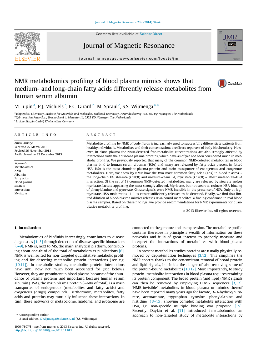 NMR metabolomics profiling of blood plasma mimics shows that medium- and long-chain fatty acids differently release metabolites from human serum albumin