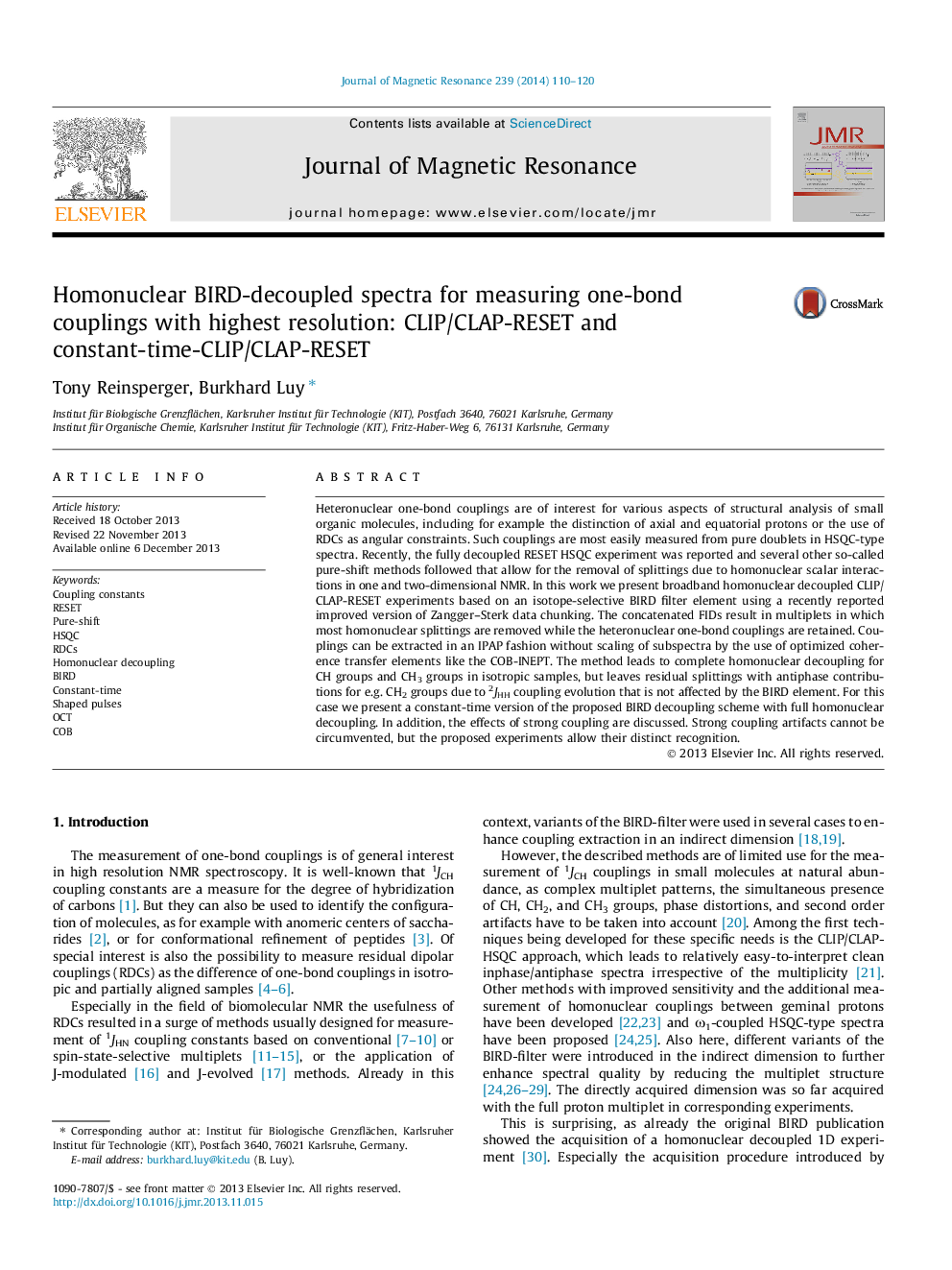 Homonuclear BIRD-decoupled spectra for measuring one-bond couplings with highest resolution: CLIP/CLAP-RESET and constant-time-CLIP/CLAP-RESET