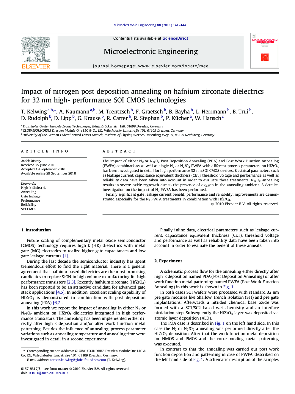 Impact of nitrogen post deposition annealing on hafnium zirconate dielectrics for 32 nm high-performance SOI CMOS technologies