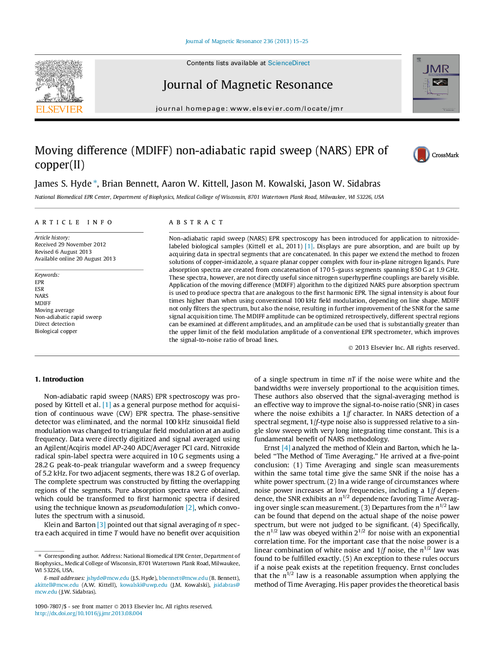 Moving difference (MDIFF) non-adiabatic rapid sweep (NARS) EPR of copper(II)