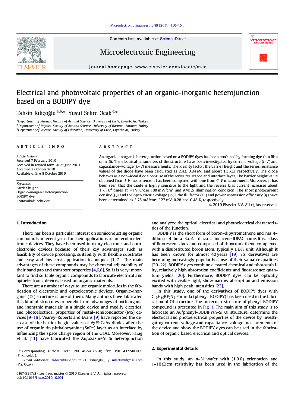 Electrical and photovoltaic properties of an organic–inorganic heterojunction based on a BODIPY dye