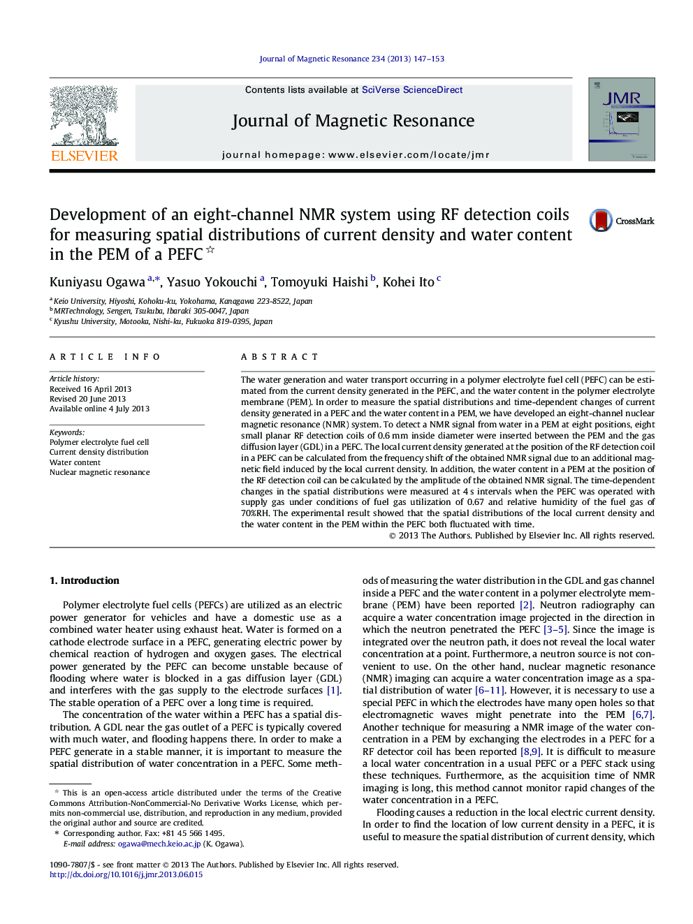 Development of an eight-channel NMR system using RF detection coils for measuring spatial distributions of current density and water content in the PEM of a PEFC