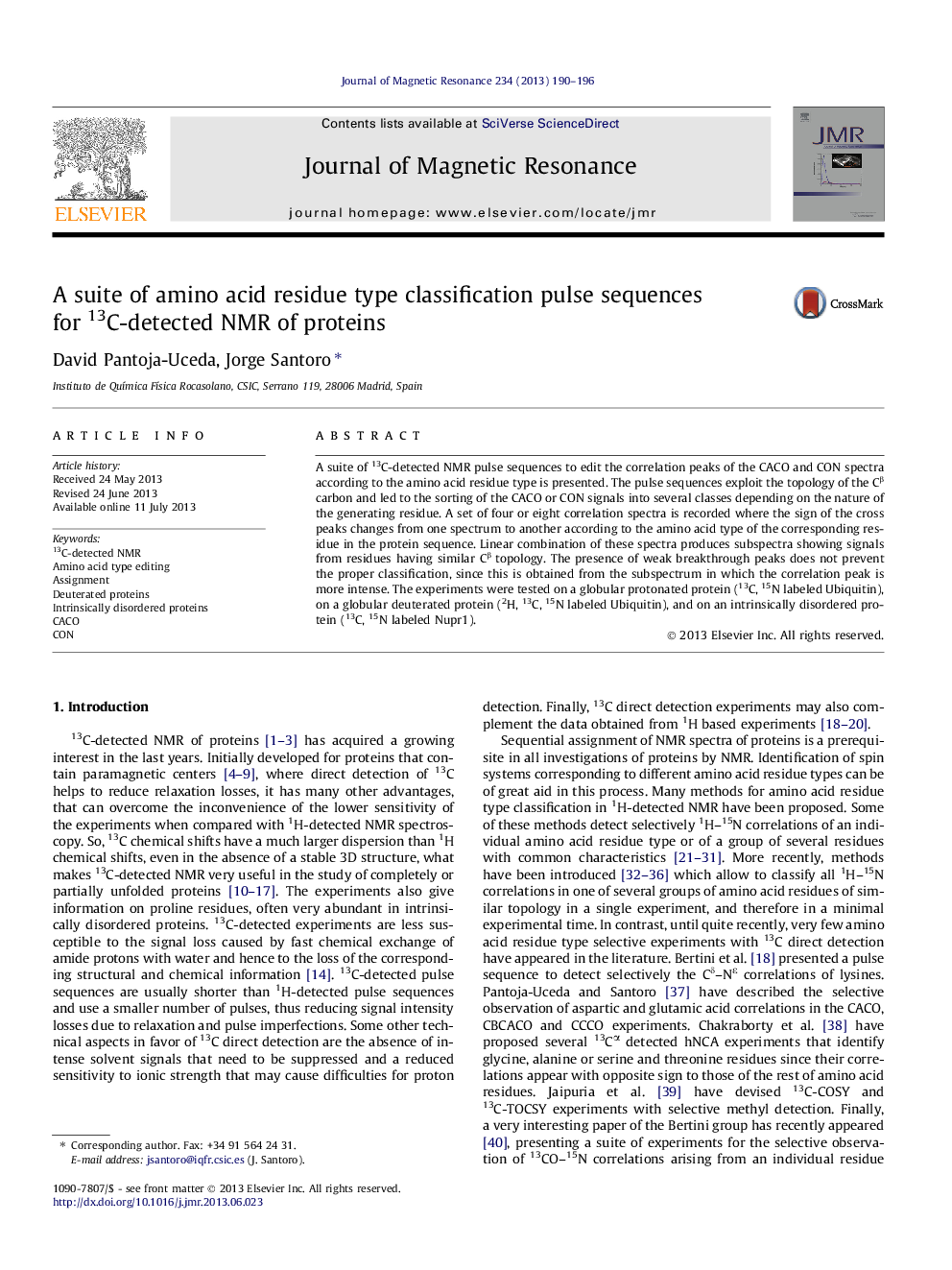 A suite of amino acid residue type classification pulse sequences for 13C-detected NMR of proteins