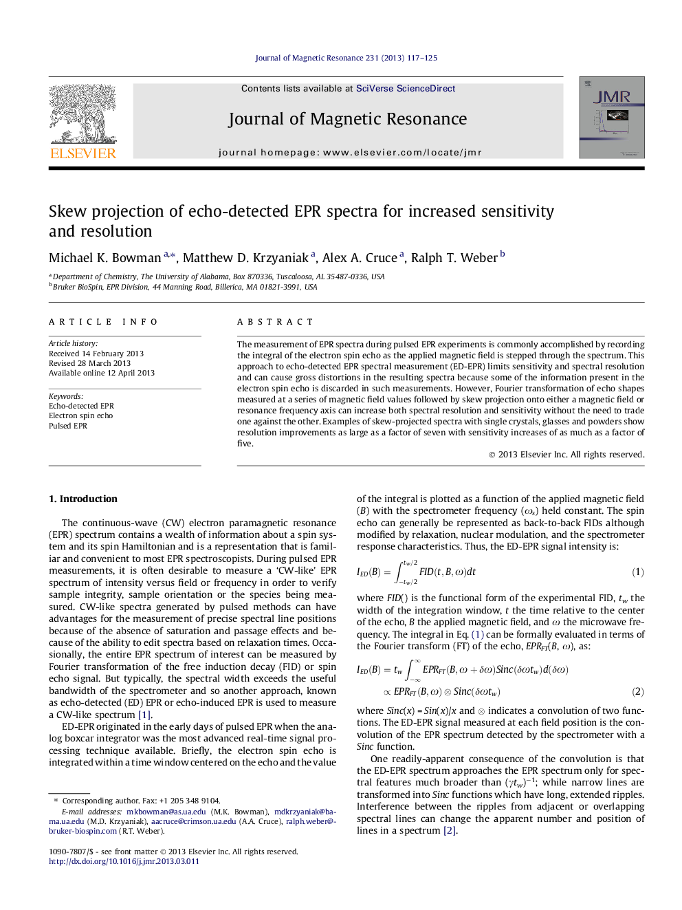 Skew projection of echo-detected EPR spectra for increased sensitivity and resolution