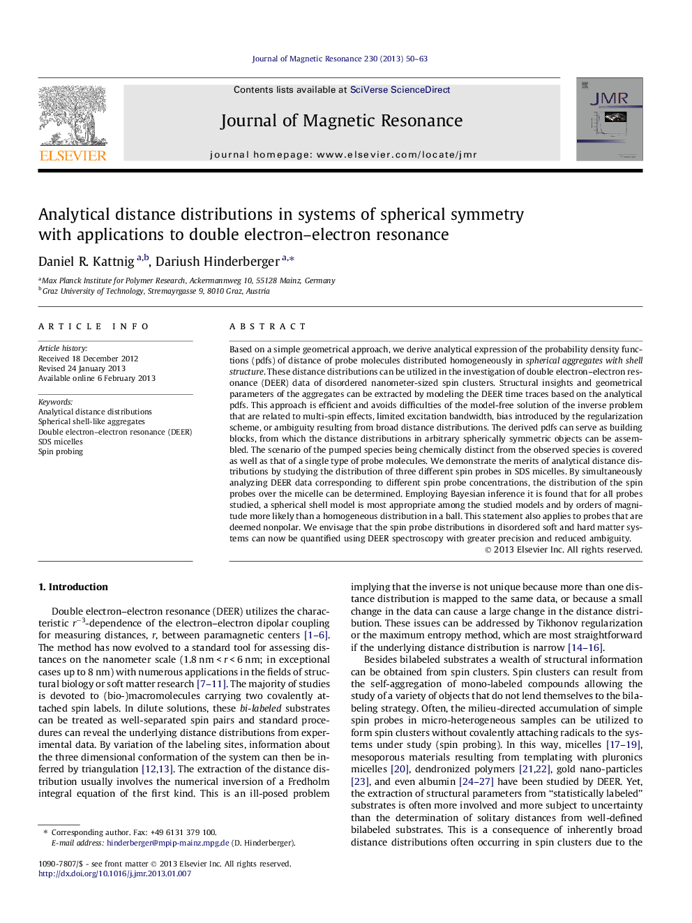 توزیع فاصله های تحلیلی در سیستم های تقارن کروی با برنامه های کاربردی به رزونانس الکترون دو 