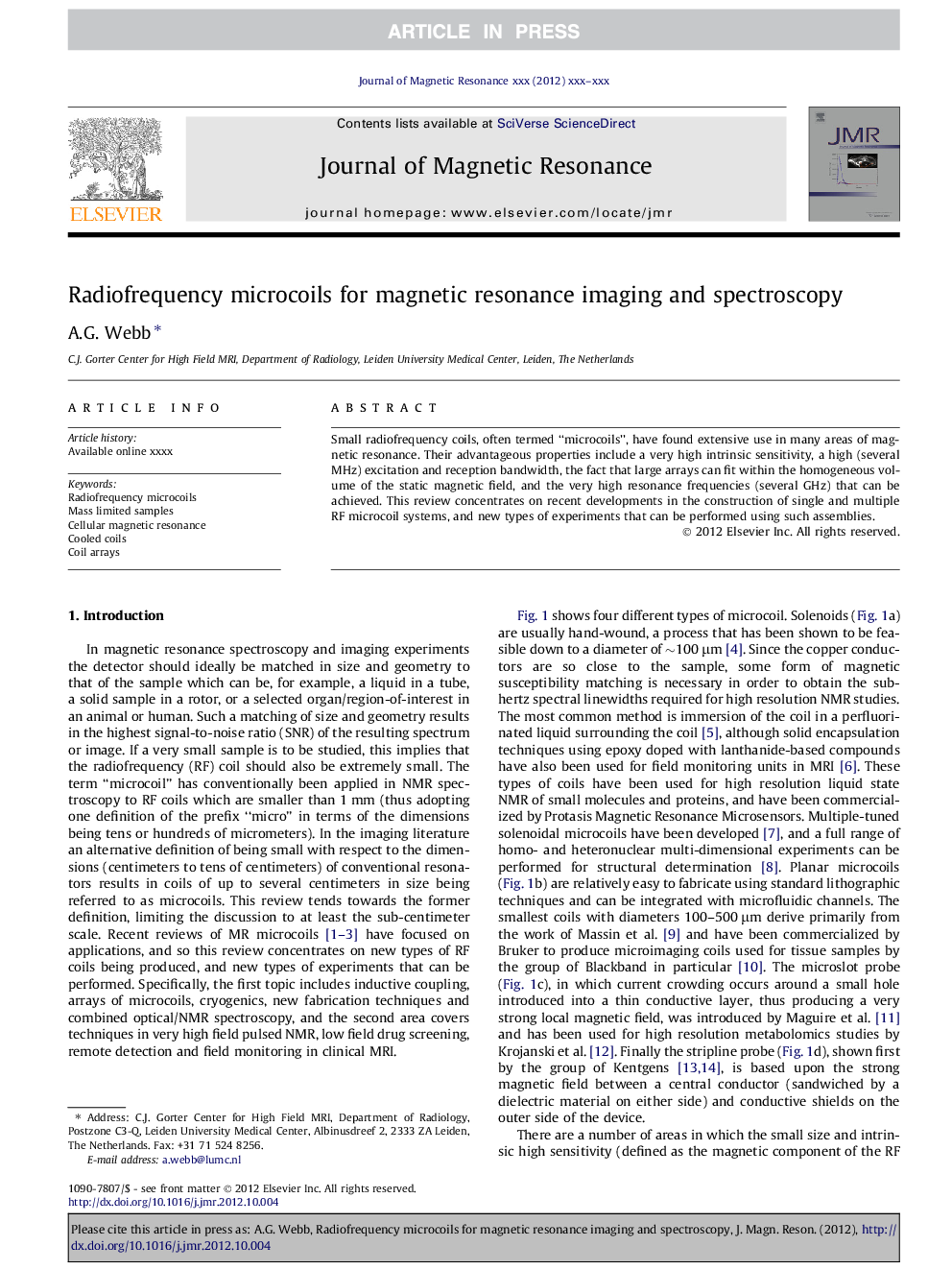 Radiofrequency microcoils for magnetic resonance imaging and spectroscopy