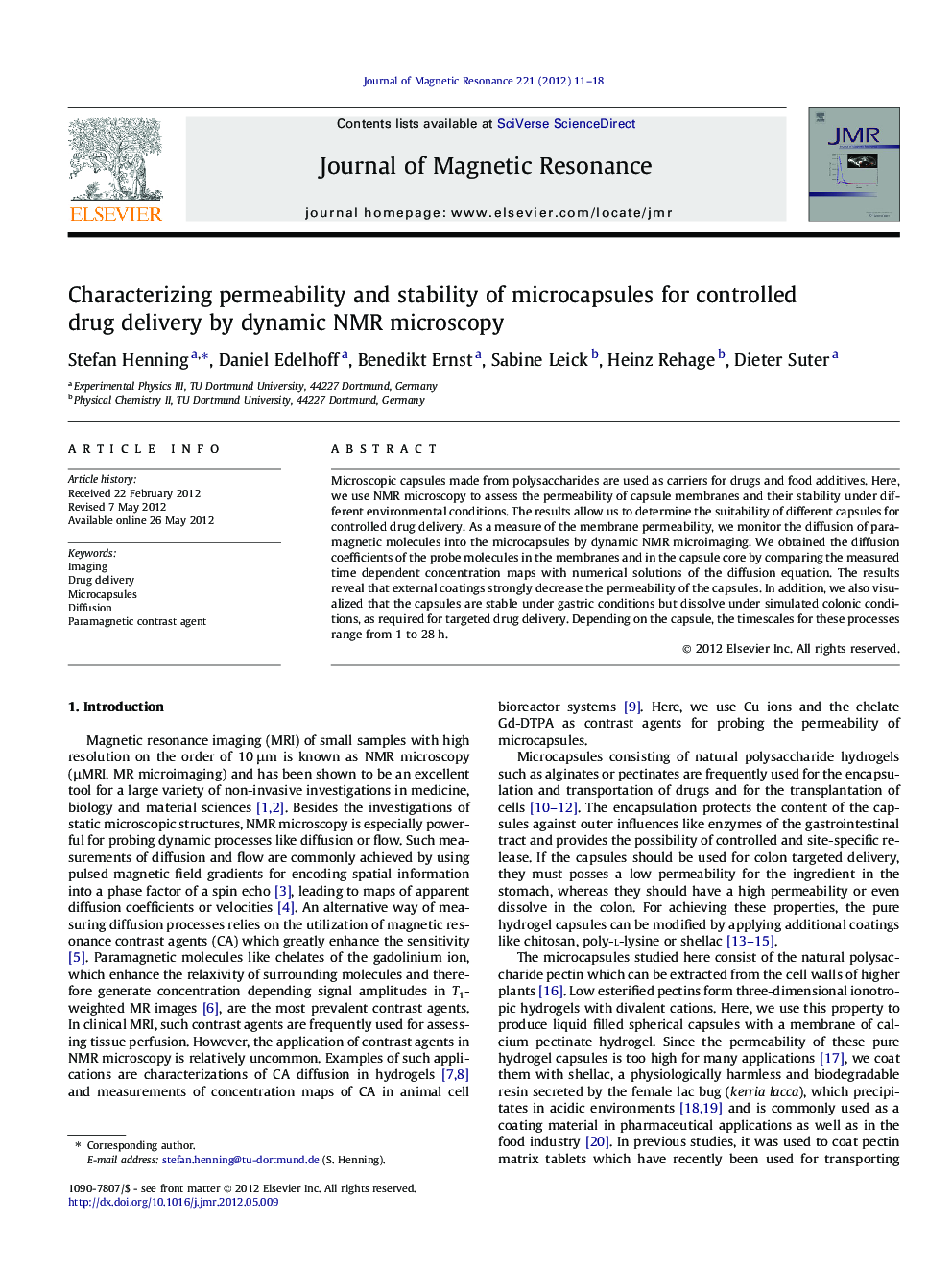 Characterizing permeability and stability of microcapsules for controlled drug delivery by dynamic NMR microscopy