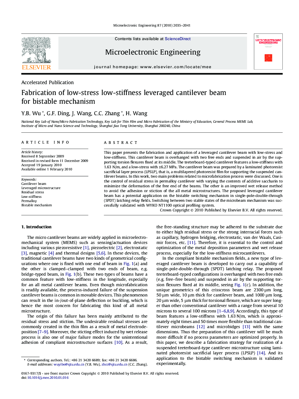 Fabrication of low-stress low-stiffness leveraged cantilever beam for bistable mechanism