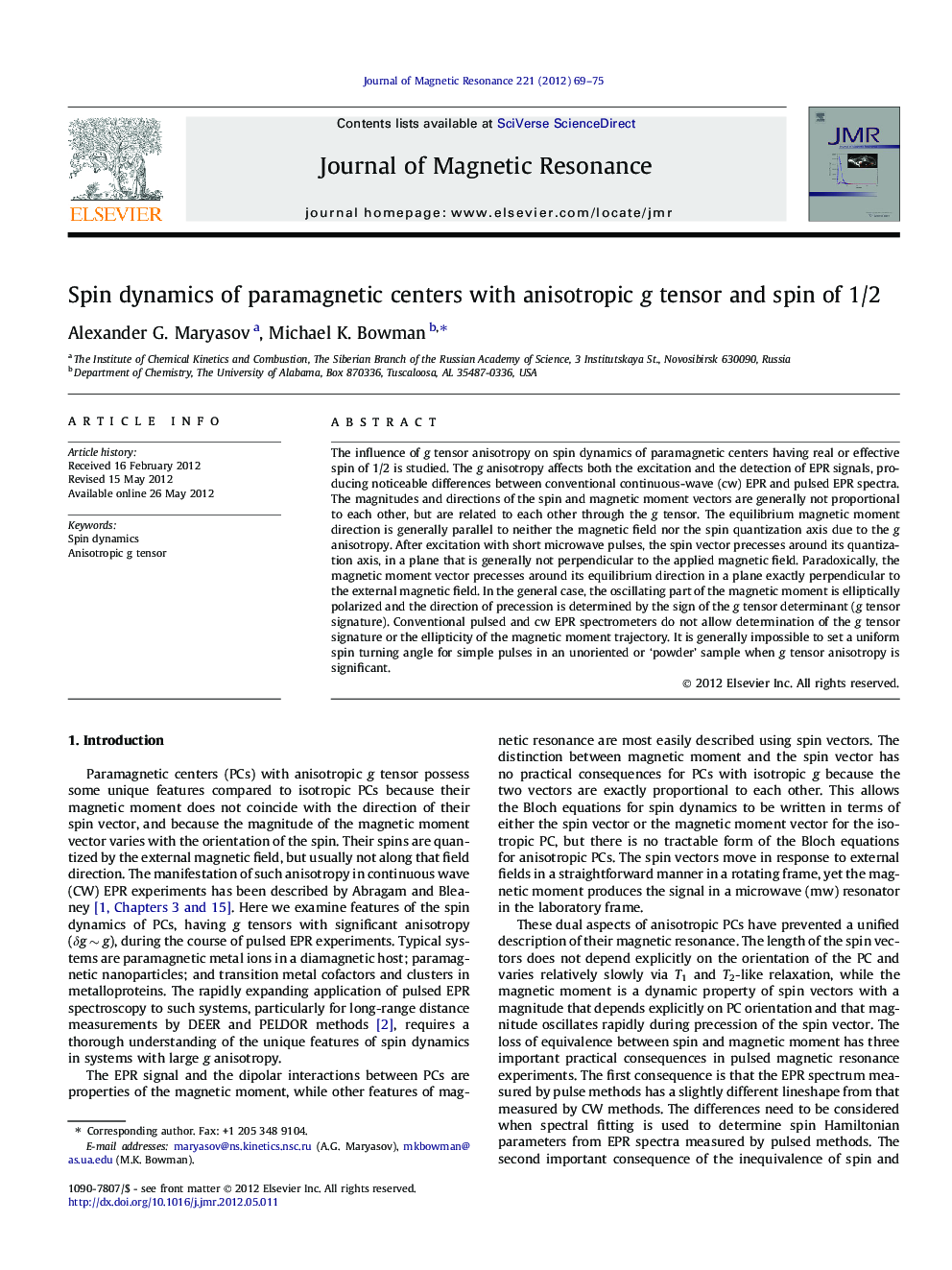 Spin dynamics of paramagnetic centers with anisotropic g tensor and spin of 1/2