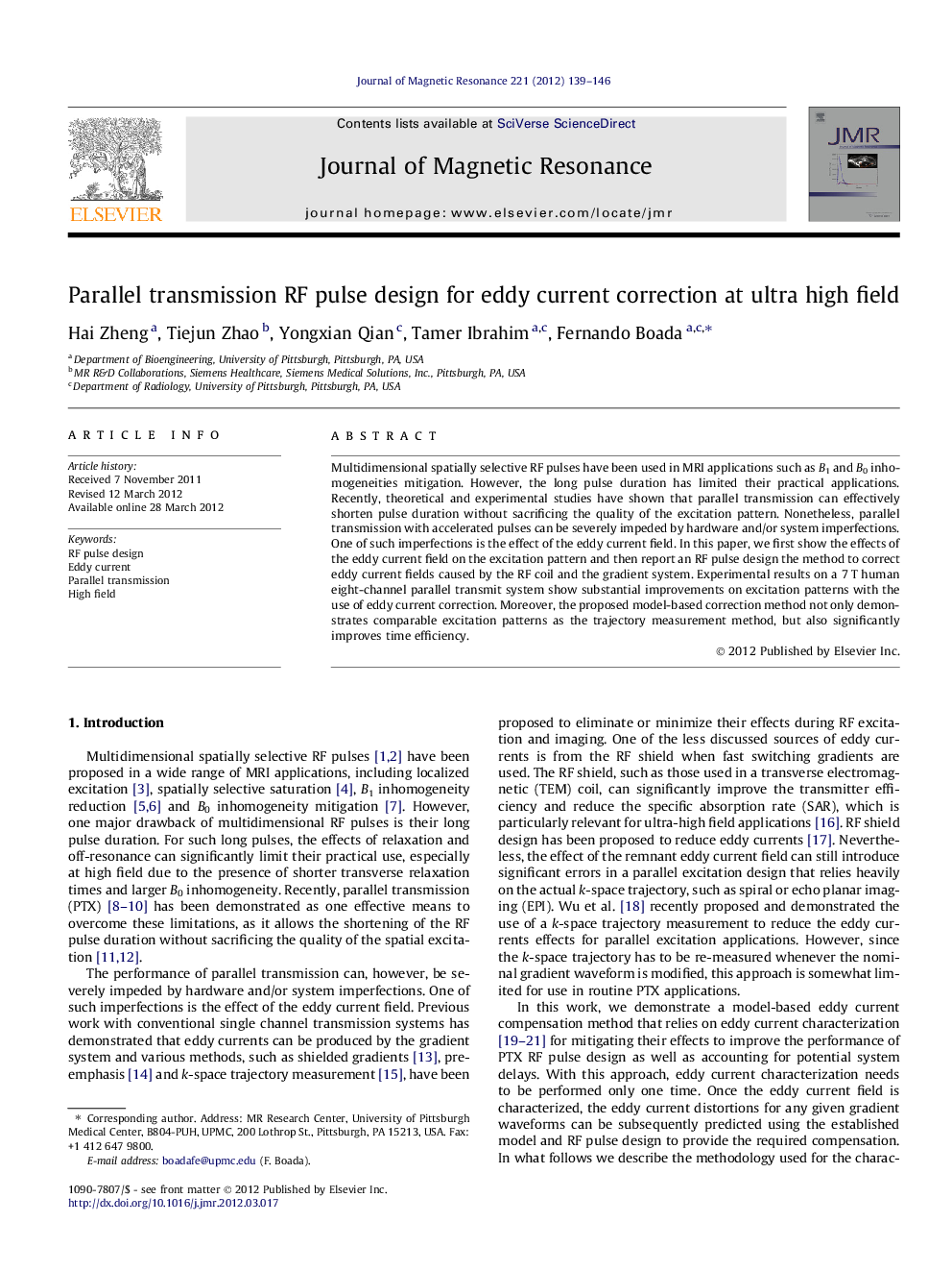 Parallel transmission RF pulse design for eddy current correction at ultra high field