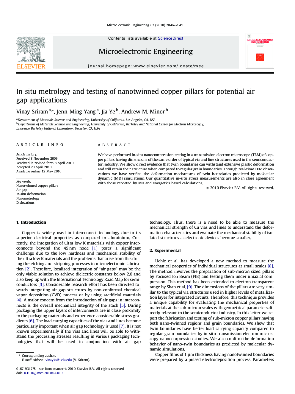 In-situ metrology and testing of nanotwinned copper pillars for potential air gap applications