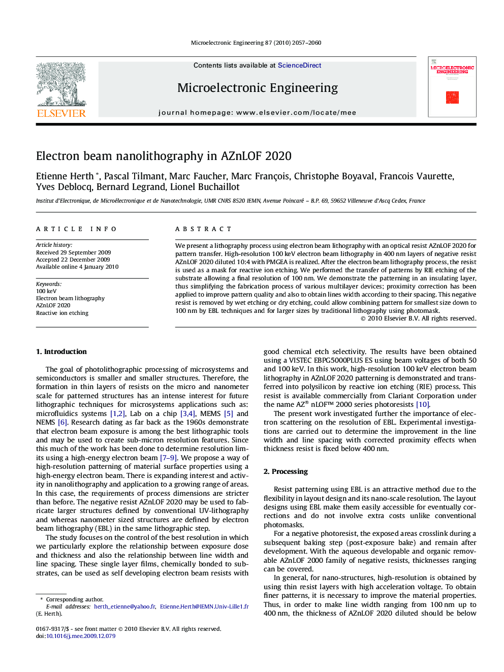 Electron beam nanolithography in AZnLOF 2020