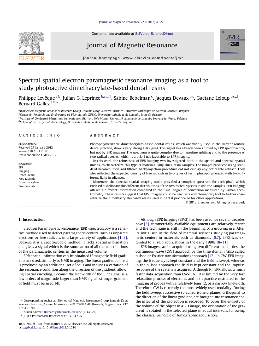 Spectral spatial electron paramagnetic resonance imaging as a tool to study photoactive dimethacrylate-based dental resins