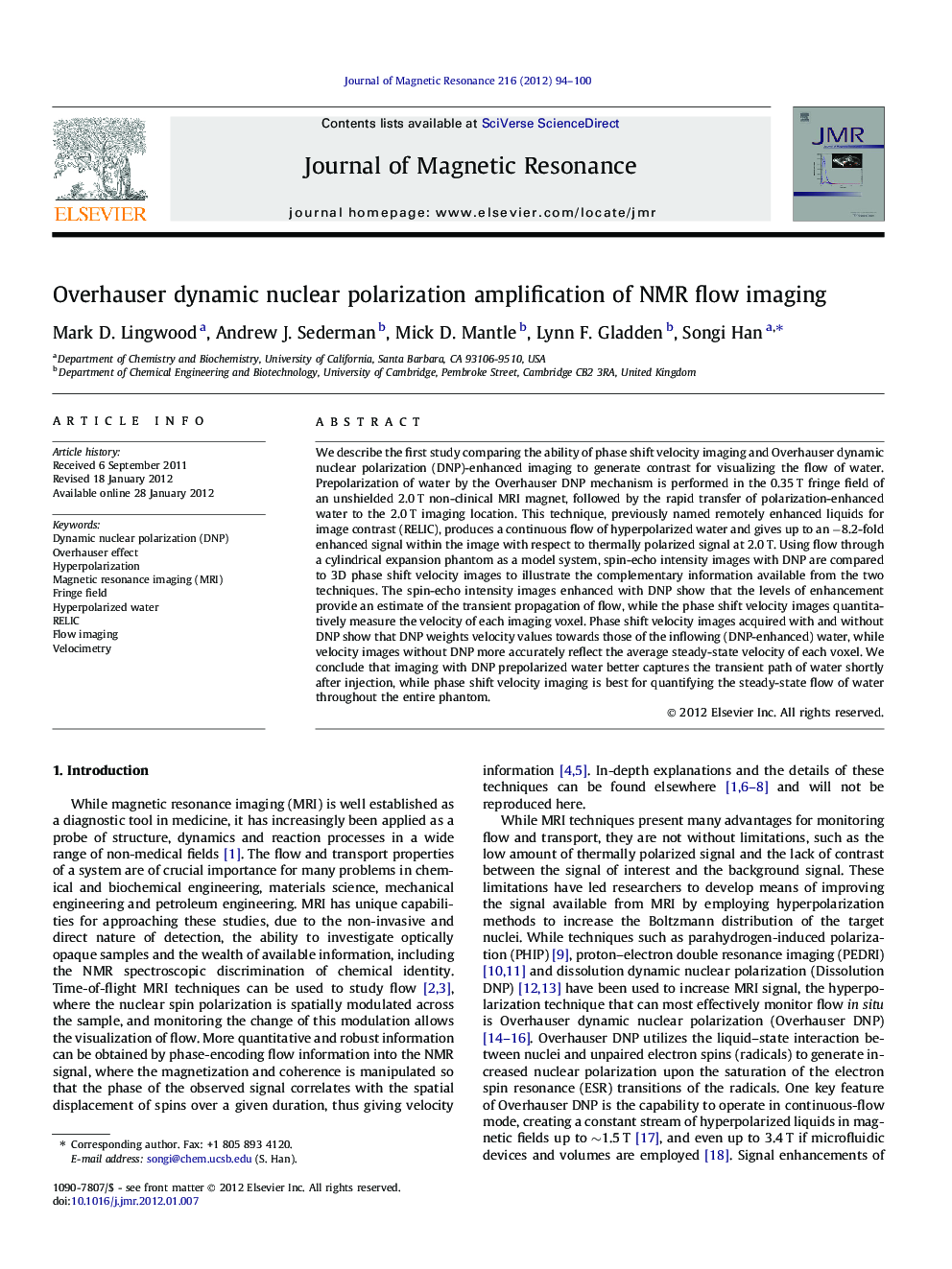 Overhauser dynamic nuclear polarization amplification of NMR flow imaging