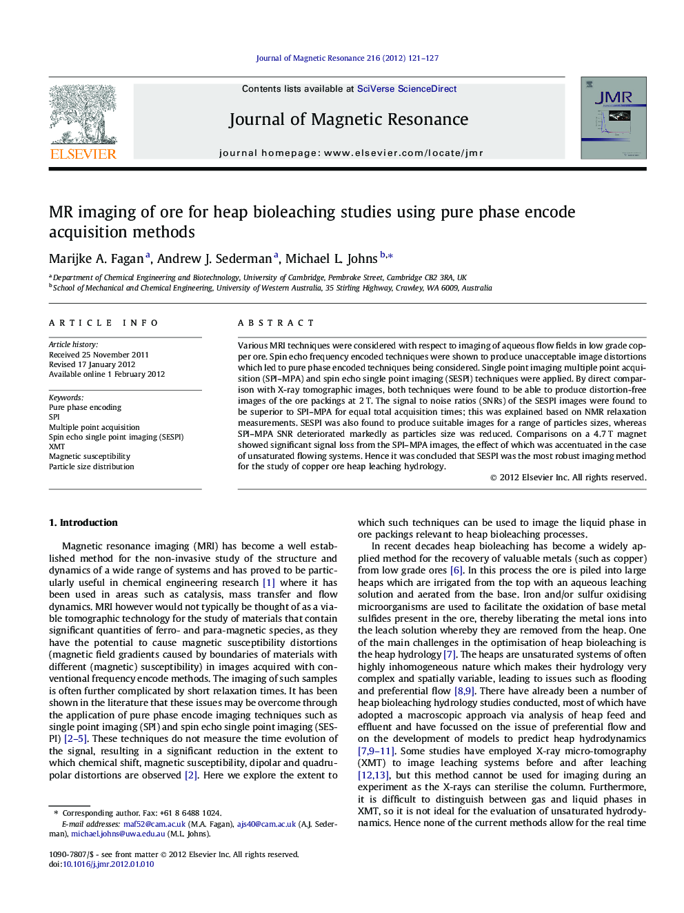 MR imaging of ore for heap bioleaching studies using pure phase encode acquisition methods