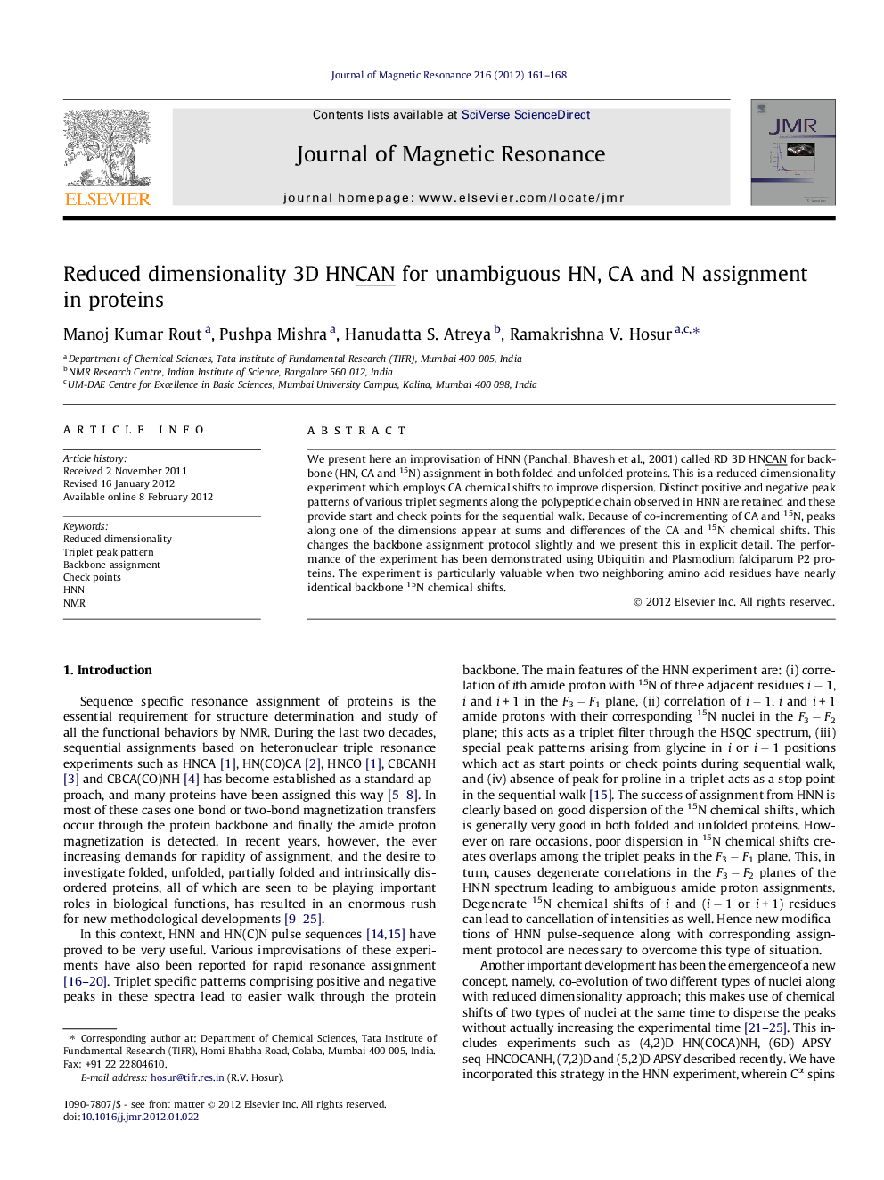 Reduced dimensionality 3D HNCAN for unambiguous HN, CA and N assignment in proteins