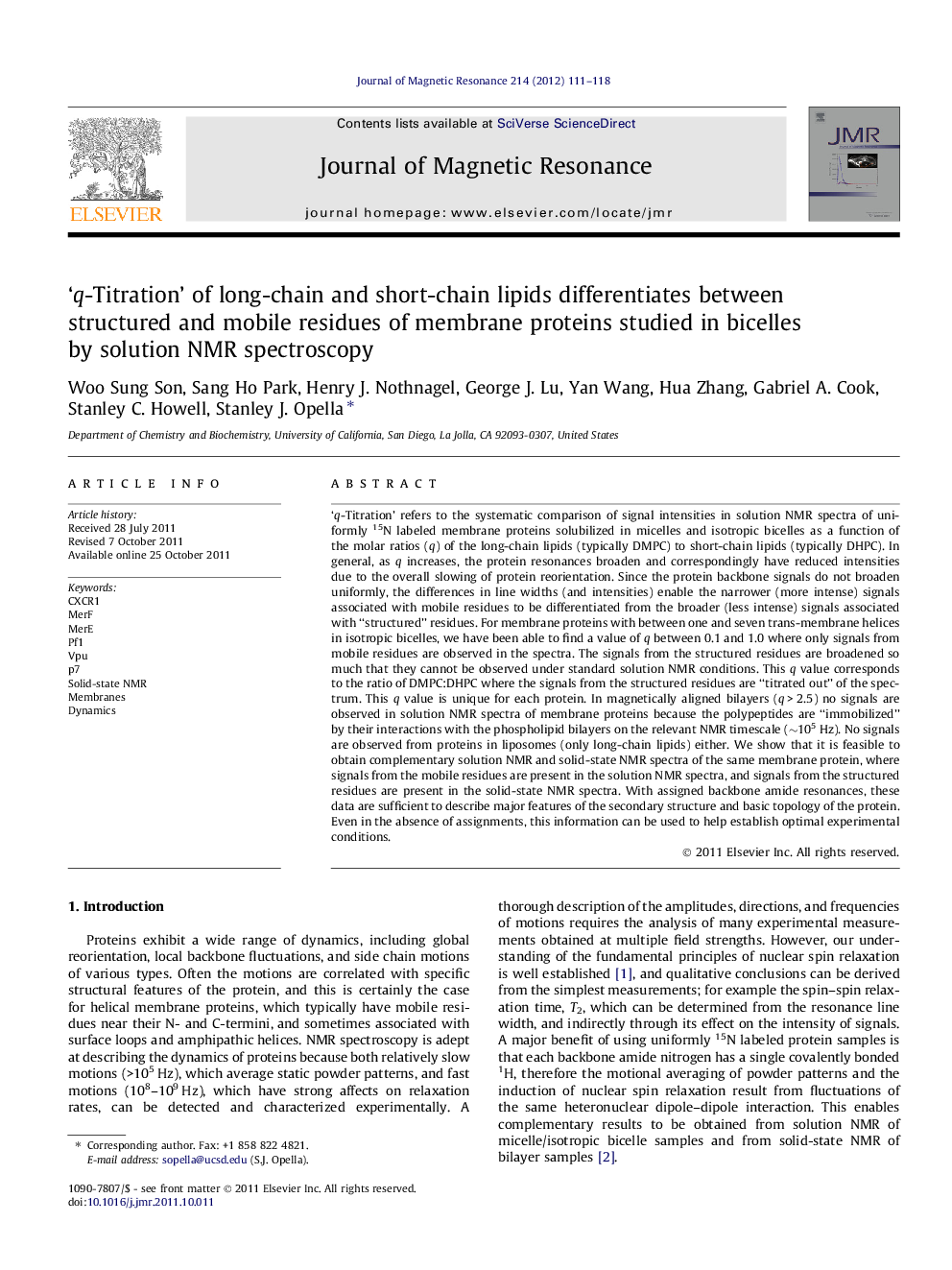 'q-Titration' of long-chain and short-chain lipids differentiates between structured and mobile residues of membrane proteins studied in bicelles by solution NMR spectroscopy