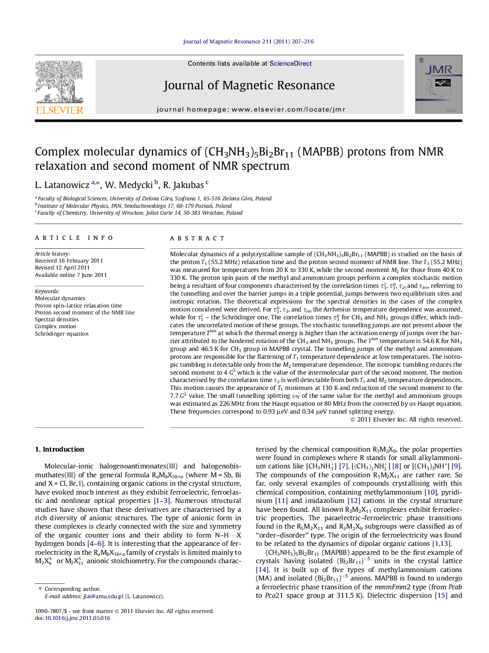 Complex molecular dynamics of (CH3NH3)5Bi2Br11 (MAPBB) protons from NMR relaxation and second moment of NMR spectrum