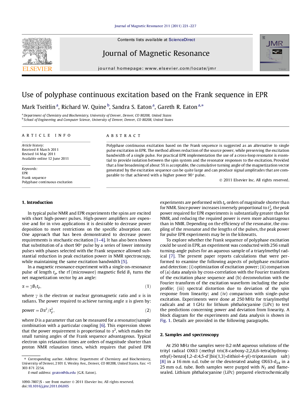 Use of polyphase continuous excitation based on the Frank sequence in EPR