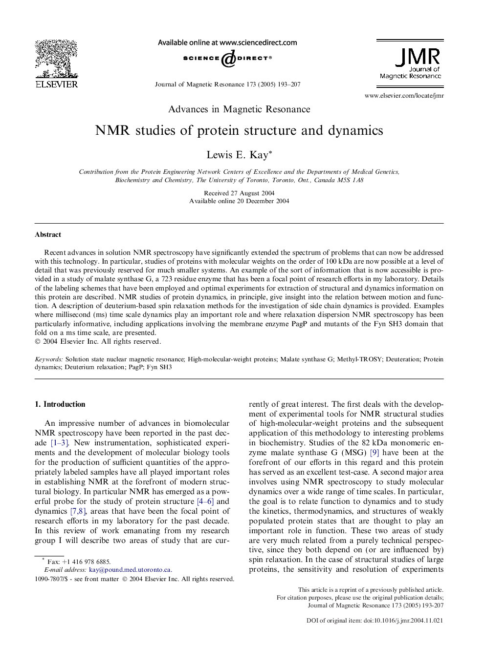 NMR studies of protein structure and dynamics