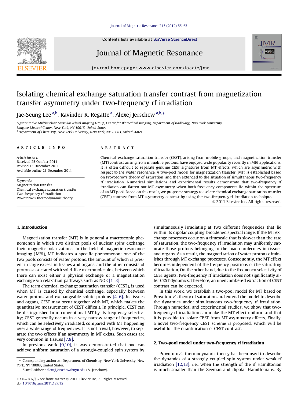 Isolating chemical exchange saturation transfer contrast from magnetization transfer asymmetry under two-frequency rf irradiation