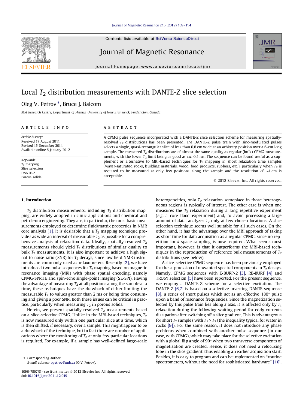 Local T2 distribution measurements with DANTE-Z slice selection