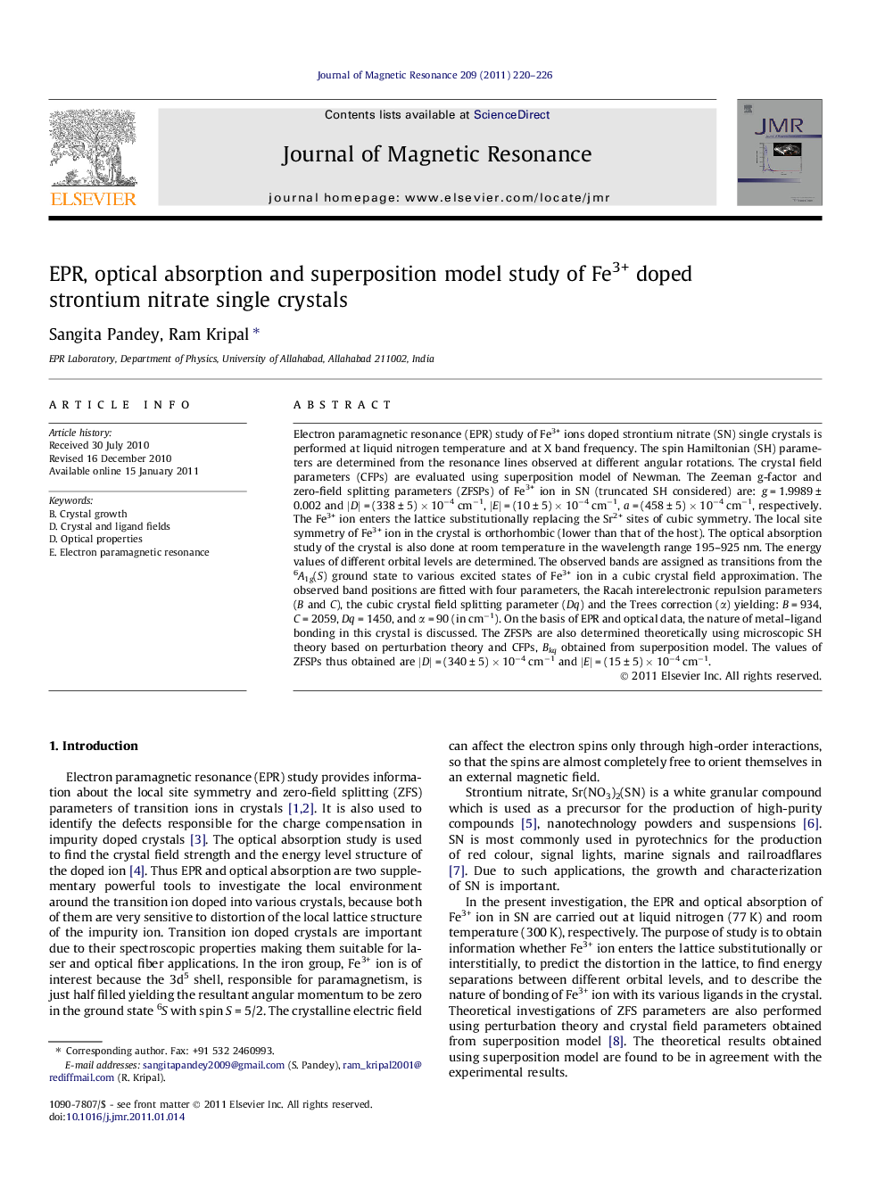 EPR, optical absorption and superposition model study of Fe3+ doped strontium nitrate single crystals