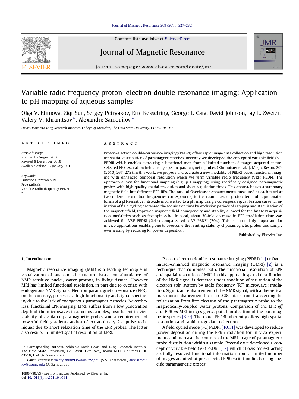 Variable radio frequency proton-electron double-resonance imaging: Application to pH mapping of aqueous samples