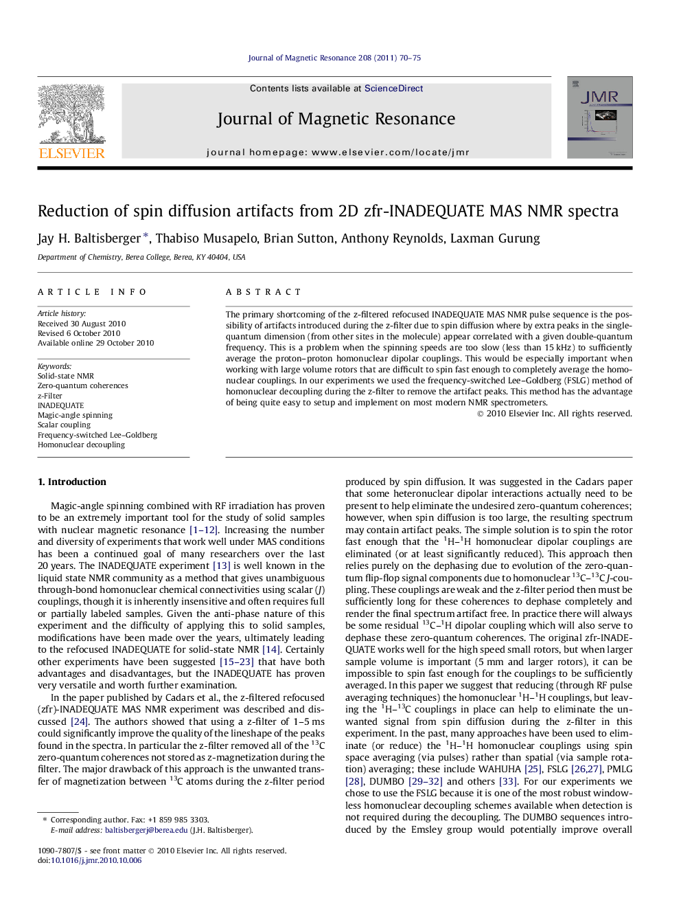 Reduction of spin diffusion artifacts from 2D zfr-INADEQUATE MAS NMR spectra