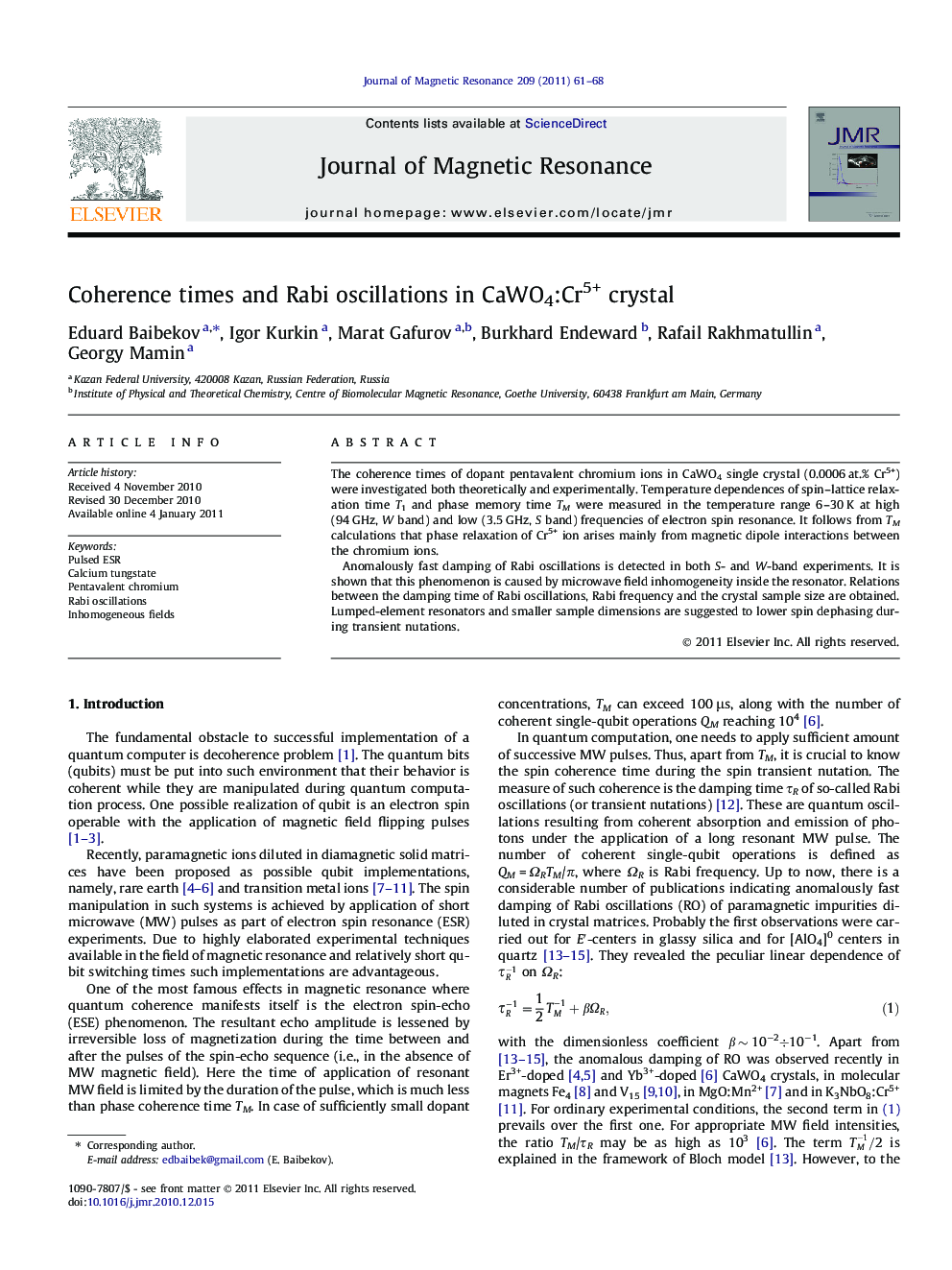 Coherence times and Rabi oscillations in CaWO4:Cr5+ crystal