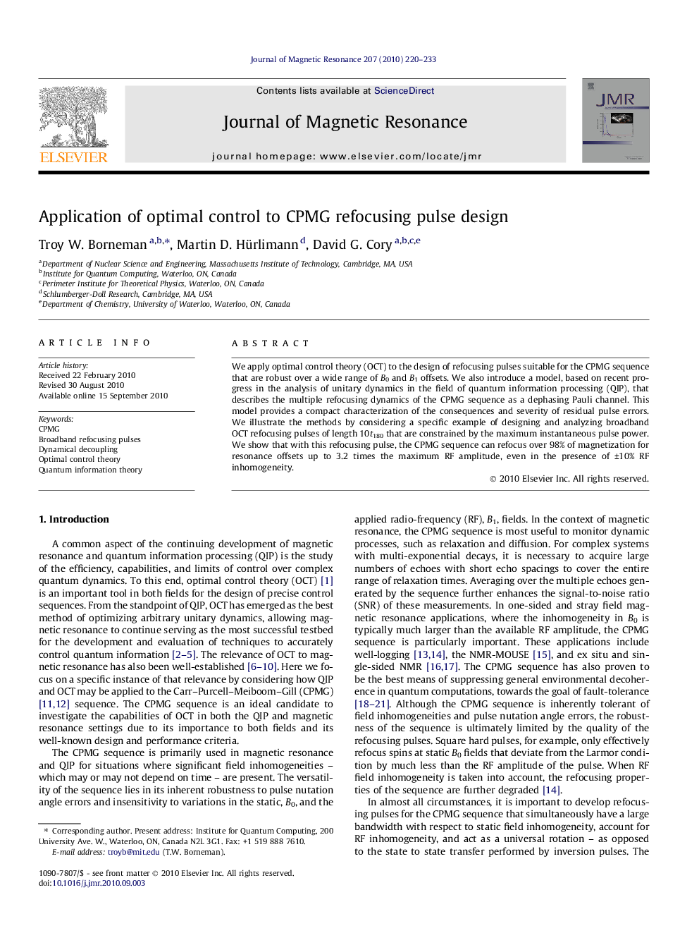 Application of optimal control to CPMG refocusing pulse design