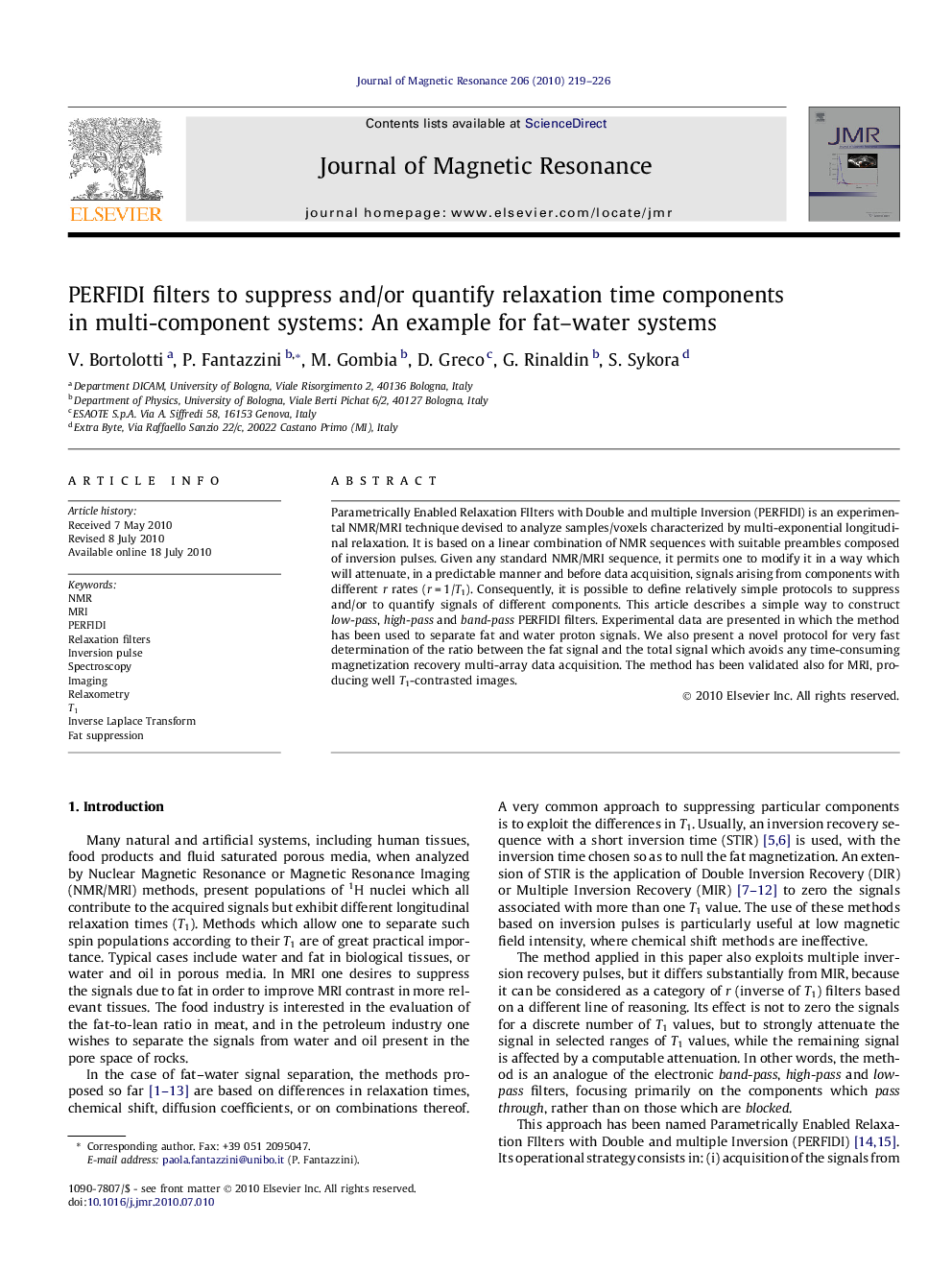 PERFIDI filters to suppress and/or quantify relaxation time components in multi-component systems: An example for fat-water systems