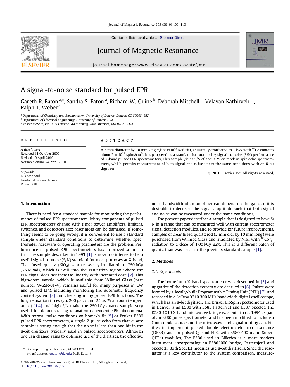 A signal-to-noise standard for pulsed EPR