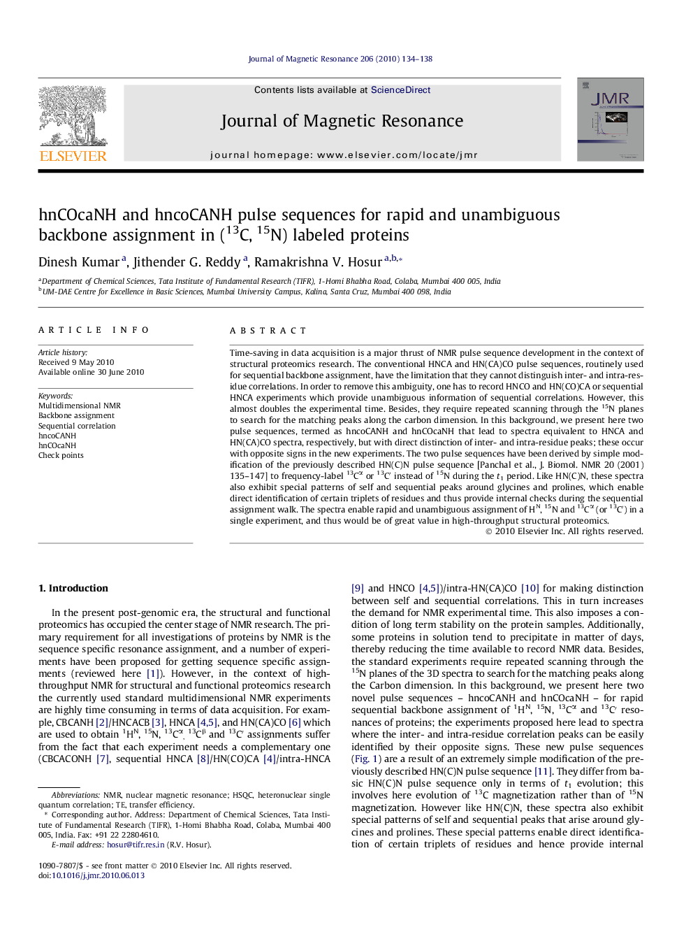 hnCOcaNH and hncoCANH pulse sequences for rapid and unambiguous backbone assignment in (13C,Â 15N) labeled proteins