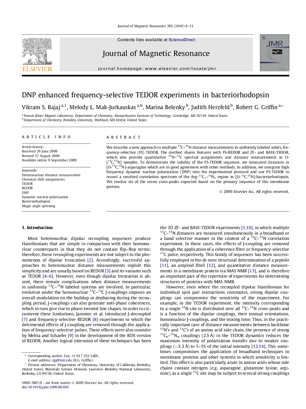 DNP enhanced frequency-selective TEDOR experiments in bacteriorhodopsin